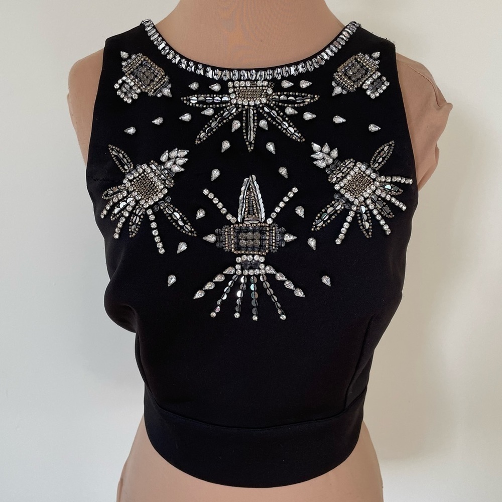 Nicole Miller Crop Scuba Neoprene Sequin Crystal V-Back Black High Neck Top XS